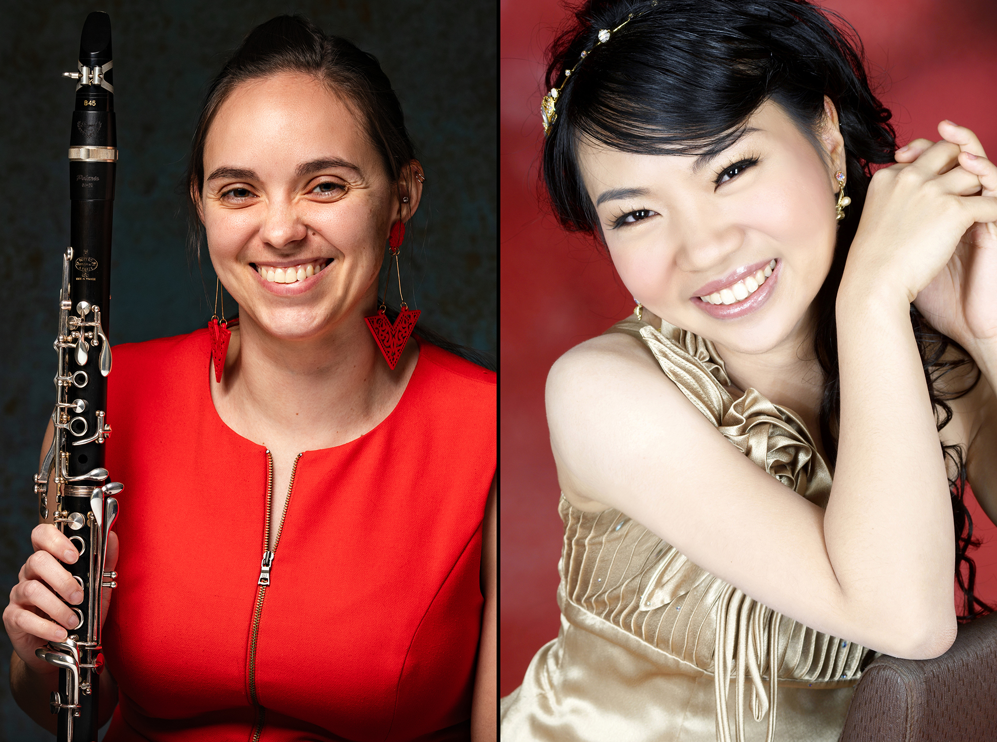 Two people pose in side-by-side images. On the left, a person wearing red holds a clarinet. On the right, a person with their hands clasped smiles at the camera.