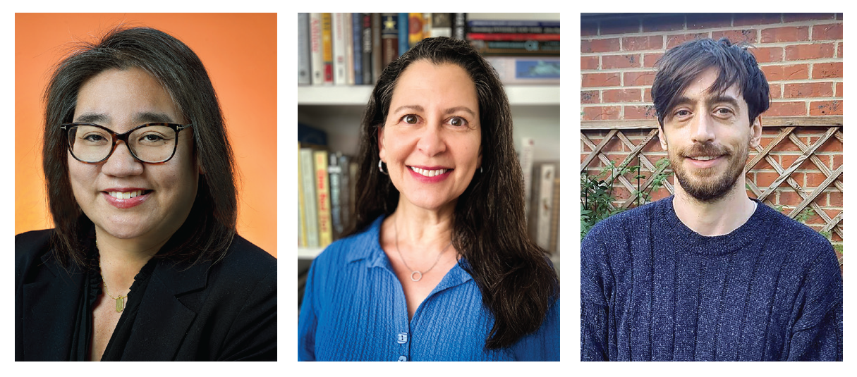 Three people are seen in side-by-side images. The first, against a salmon colored background, has a medium skin tone, dark hair, and glasses. The second, against a background of books, has a light skin tone and a blue top. The third, against a background of a brick wall, has a light skin tone, dark hair and a beard, and wears a dark blue sweater. They all smile at the camera.