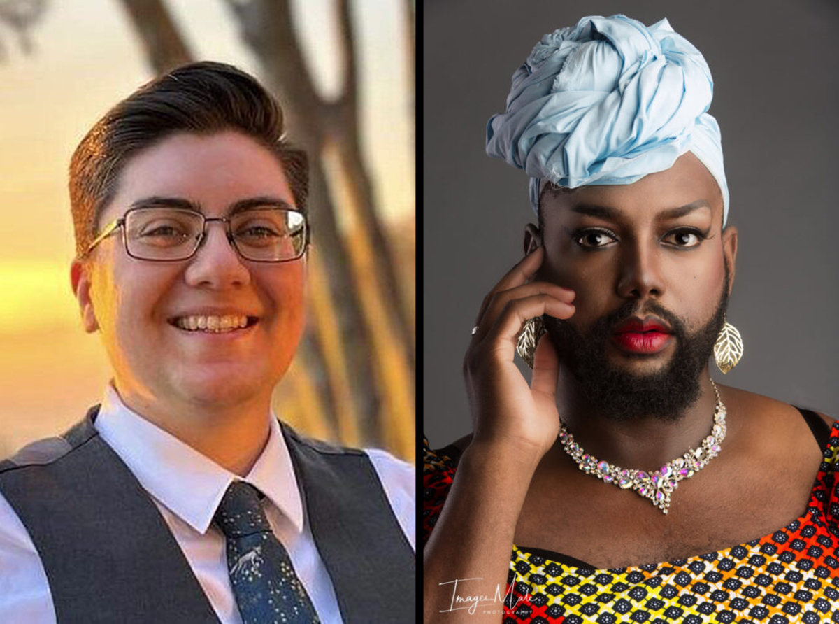 Two side-by-side photographs. On the left, a light skinned person with glasses and dark hair smiles at the camera. On the right, a person with a medium skin tone wears a light blue hairpiece and jewelry.