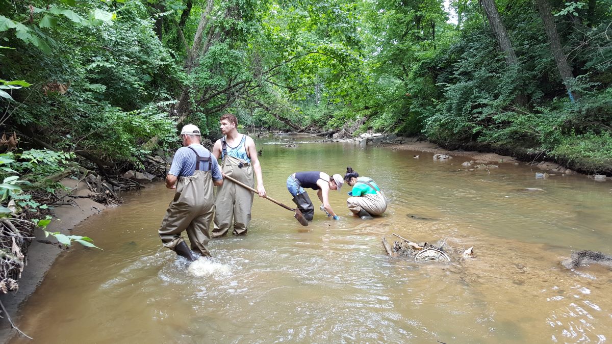 Four people wearing boots and waterproof pants stand in a stream, with vegetation on either side.