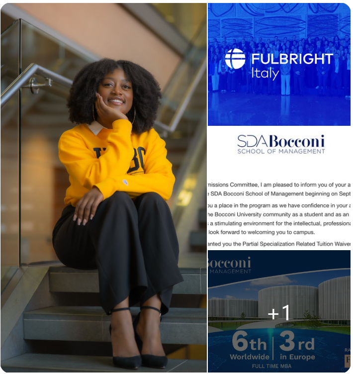 2024 – 2025 Fulbright t U.S. Student Program awardee sits on a stairwell wearing a gold sweater with black letter spelling UMBC and black dress pants.