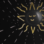 black background; cartoon drawing of a yellow sun with rays coming out in all directions