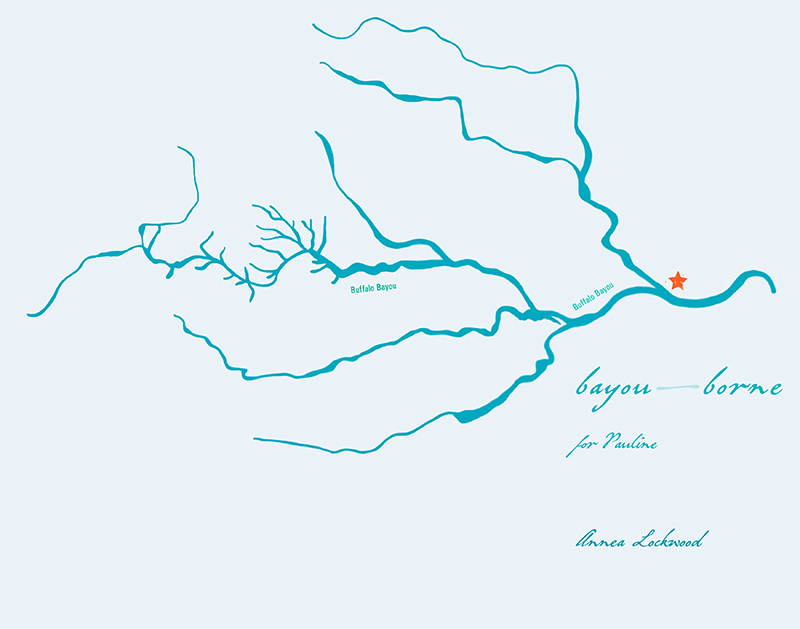 A hand drawn map that says bayou-borne for Pauline