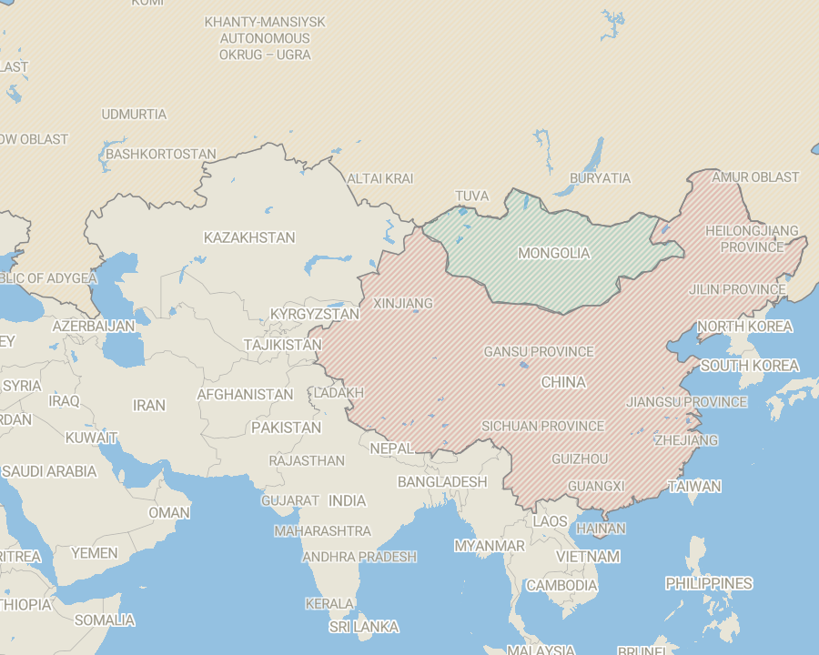 A pastel colored map of China and surrounding countries