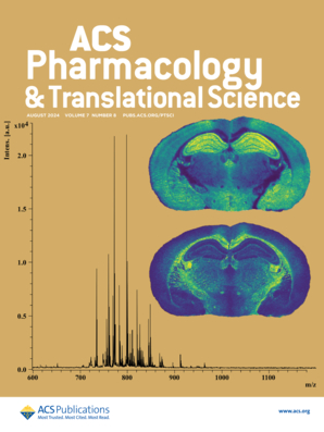 academic journal cover. Reads "ACS Pharmacology & Translational Science" at the top, gold background, on right two brain cross-section images -- one treated with HIV drug Efavirenz and one untreated -- showing patterns of blue, green, and yellow. At left, a graph with tall skinny black vertical lines representing the results another way.