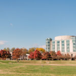 A photo of UMBC's library and campus ahead of the 2024 election season