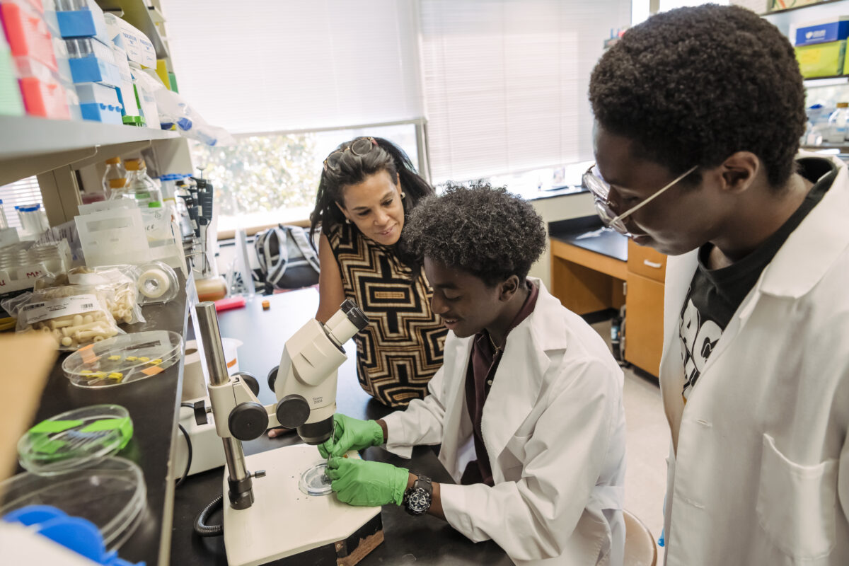 one student sits working at a lab bench, another stands nearby, professor leans over to speak to the student at the bench; in front of the bench shelving contains multi-colored containers of supplies