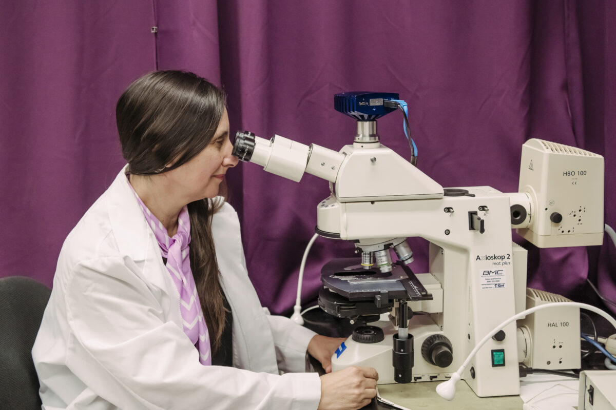 woman sits looking into a microscope; purple curtain in the background