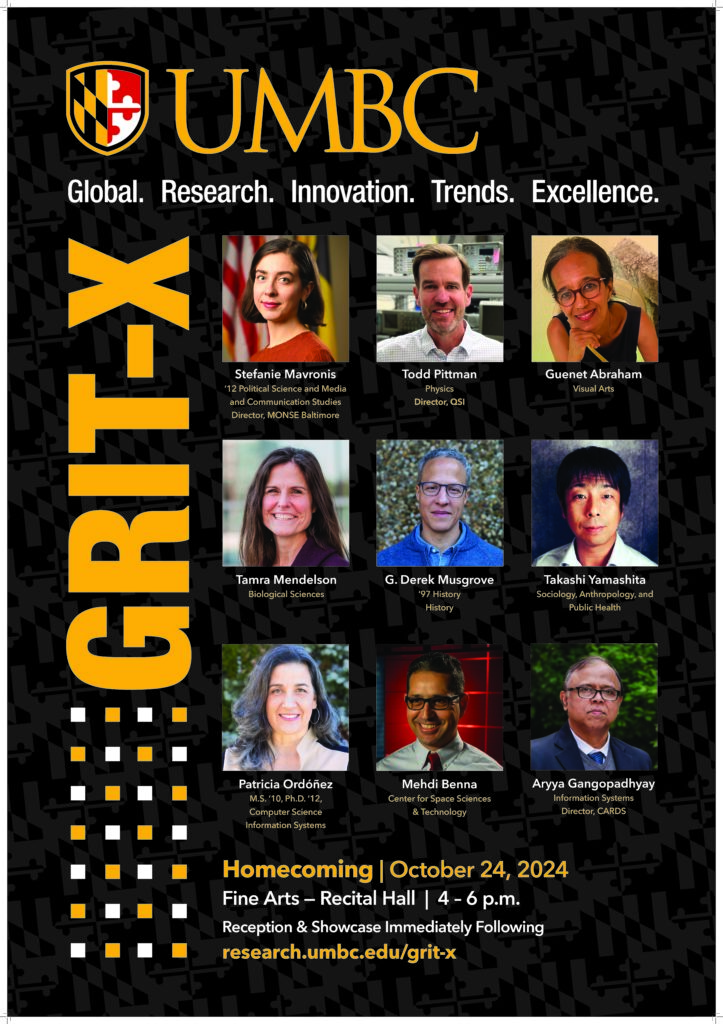 Flier of GRIT-X, which says its acronym Global. Research. Innovation. Trends. Excellence. The flier has nine images of the featured speakers, tree in each row and column. 