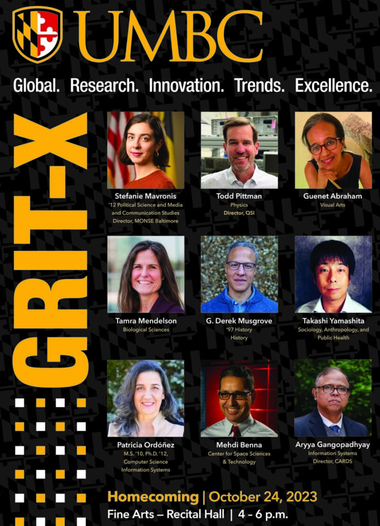 Poster of UMBC's GRIT-X 2024 event. Includes images of the nine speakers. Three photos are each row, there are three columns of images.