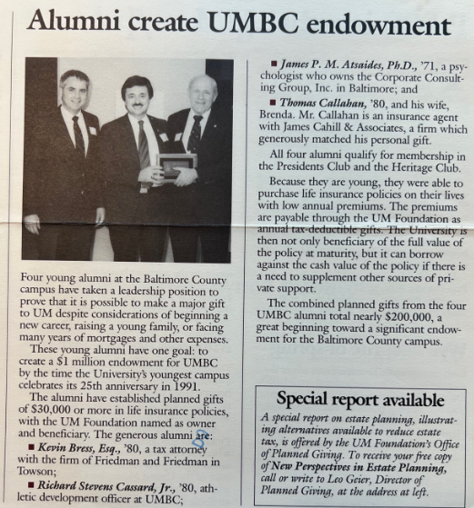 Newspaper clipping from The Retriever Weekly announcing the establishment of the Dr. James P. Atsaides Endowment.