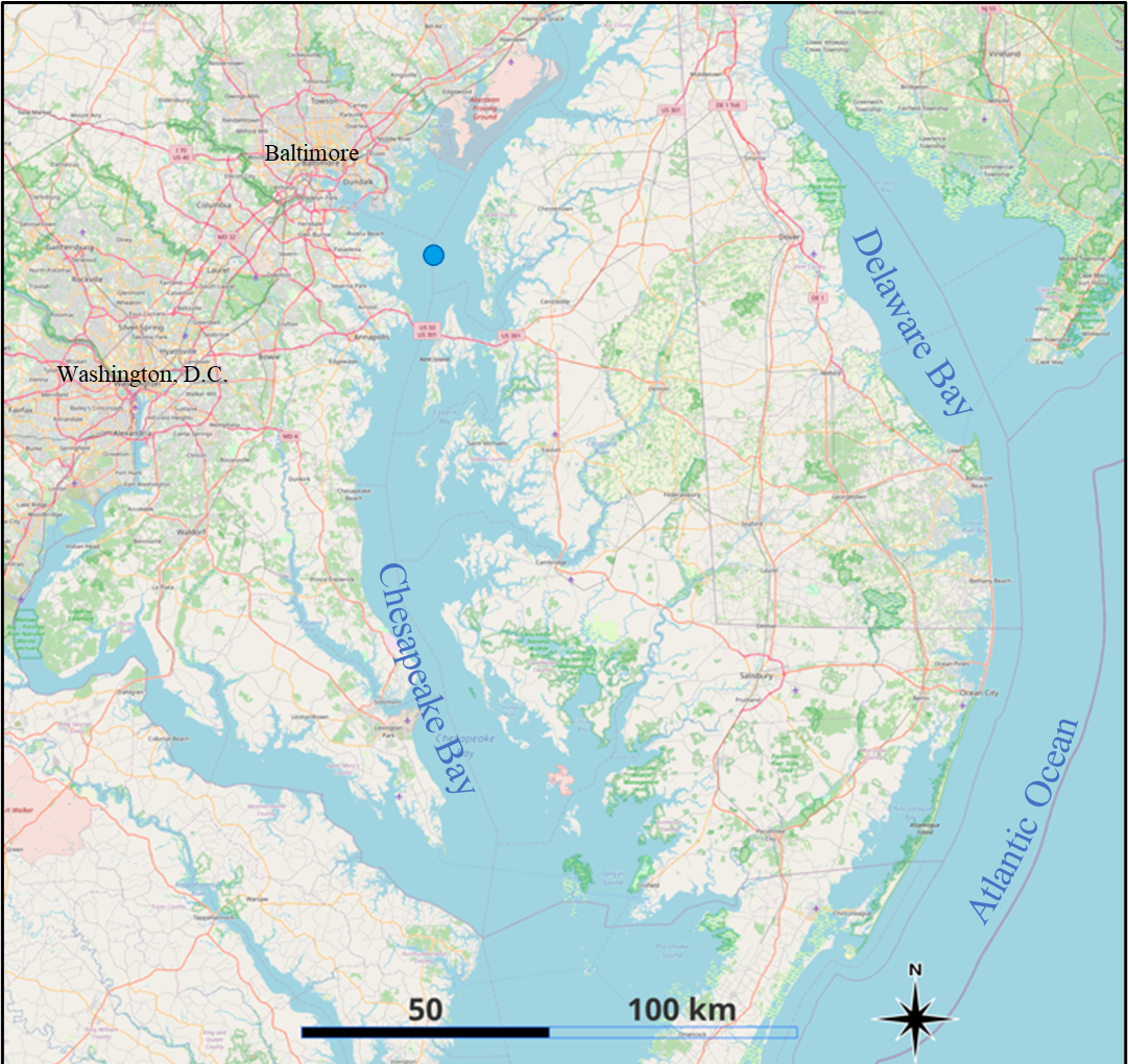 map of upper Chesapeake Bay, a blue dot in the center toward the top