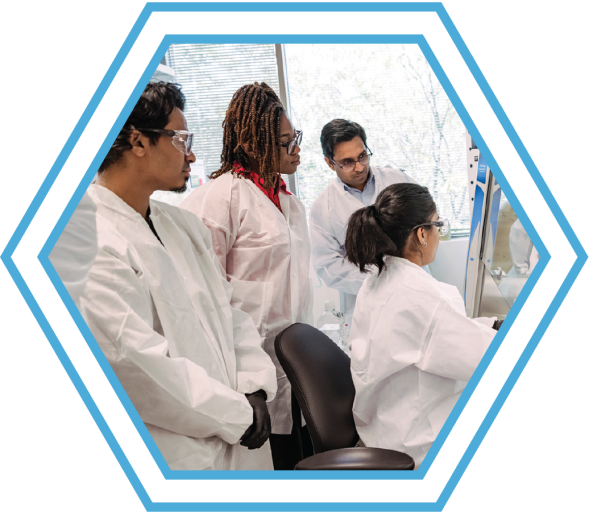 Merryll Kallungal ’24 works under a biosafety cabinet at ATCC. Interns Jason Bose (left) and Tamilore Akinde (second from  left) and an ATCC lead  scientist observe.