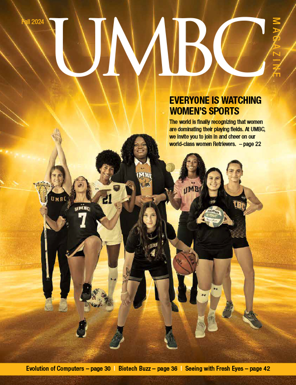 UMBC's fall 2024 magazine cover, featuring women's sports