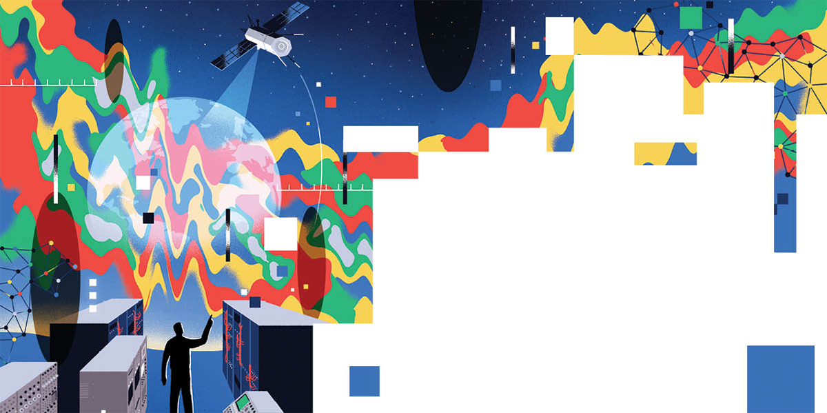 Illustrations by Matt Chinworth, featuring a digital-like graphic design with wavy colors and satellites