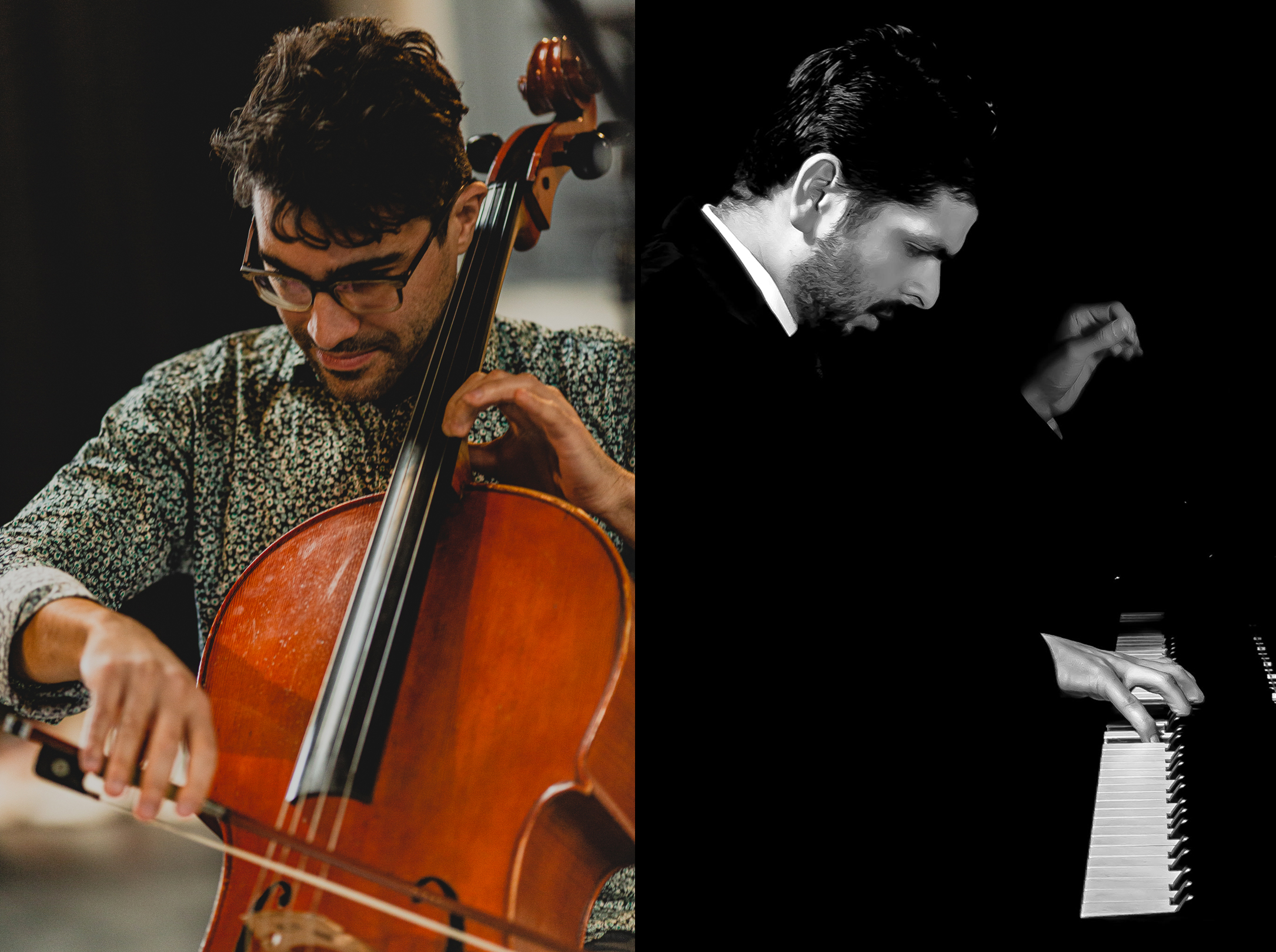 Two photos are side by side. On the left, a person plays a cello; on the right in a black and white photo a person plays the piano.