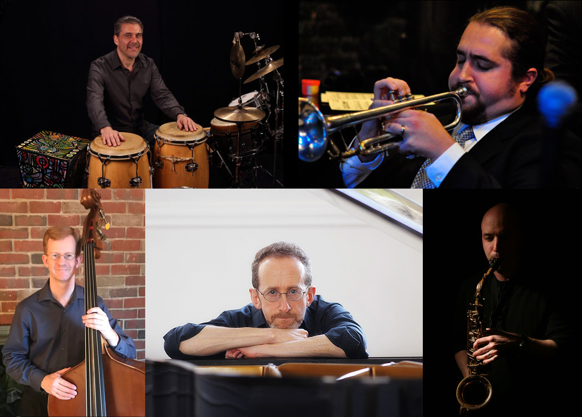 Five images depicting musicians with instruments, clockwise from top left drums, trumpet, saxophone, piano, double bass.