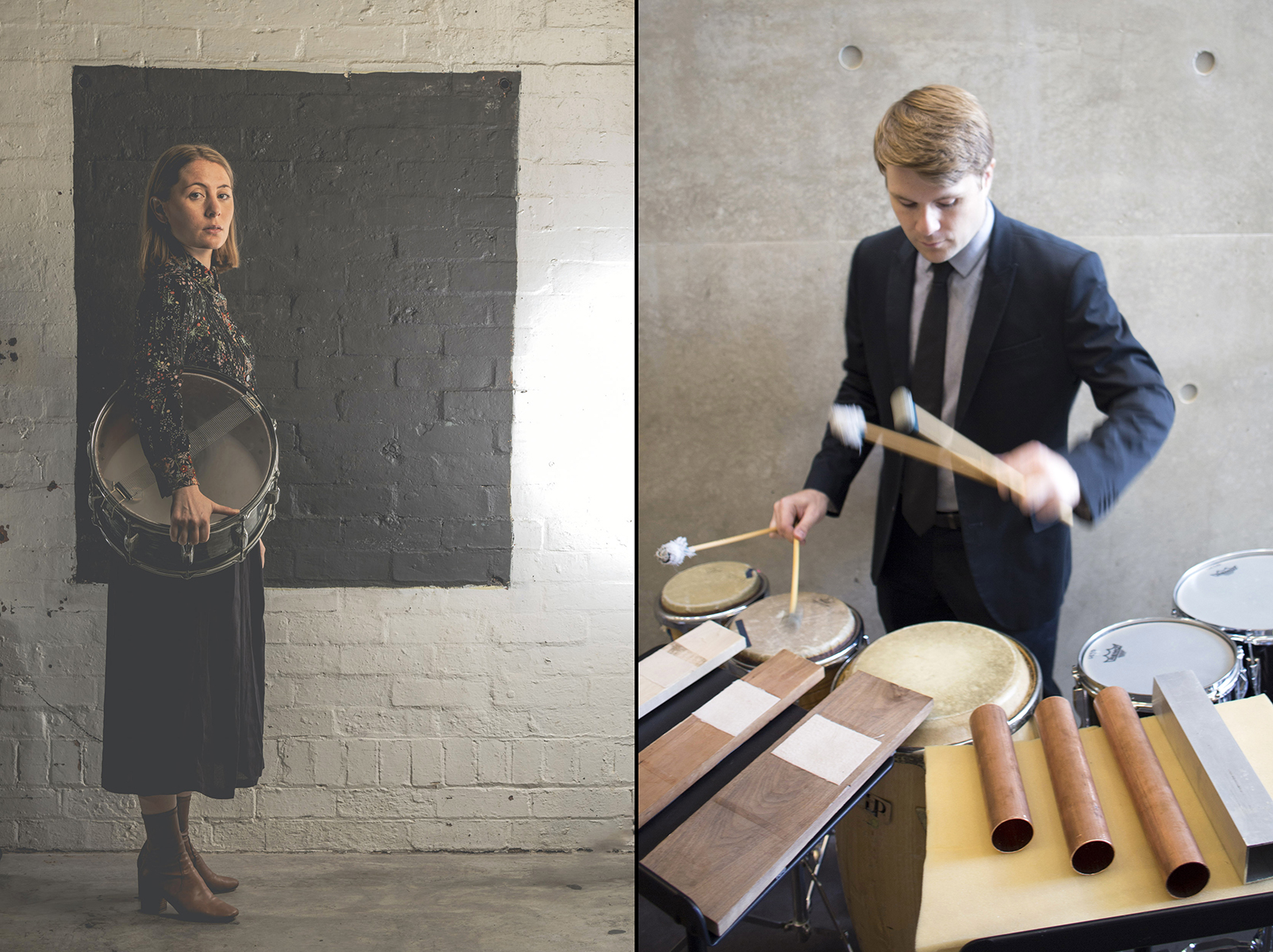 Two side-by-side images. On the left, a person stands holding a snare drum against a black square on a wall. On the right, a person wearing a dark jacket and tie plays percussion instruments.