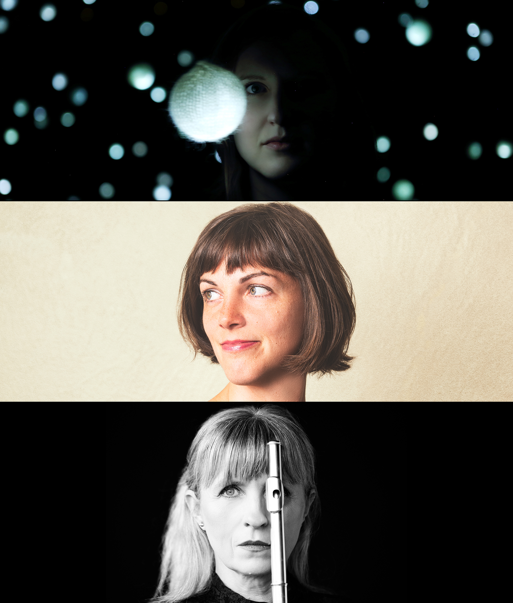 Headshots of three people in vertically stacked images. The top is an evocative one with a face surrounded by orbs. The second is a person with a light skin done and dark hair against a beige background. The bottom one is a black and white image of a person with a flute in front of their left eye.