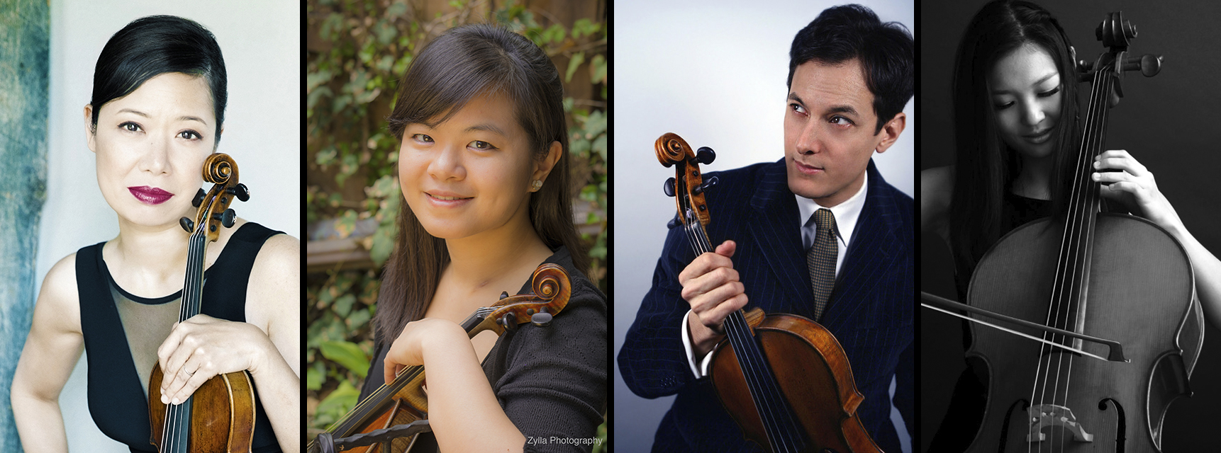 In four side-by-side images, four musicians pose with instruments (violin, violin, viola, cello).