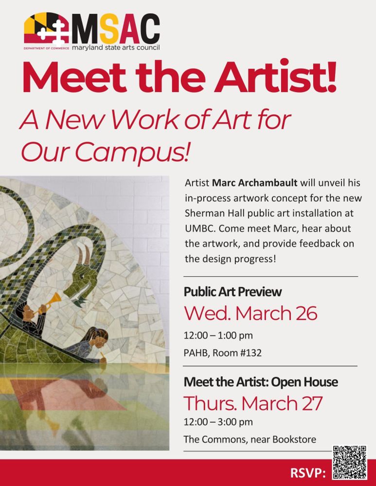 A graphic poster says Meet the Artist! A New Work of Art for Our Campus!