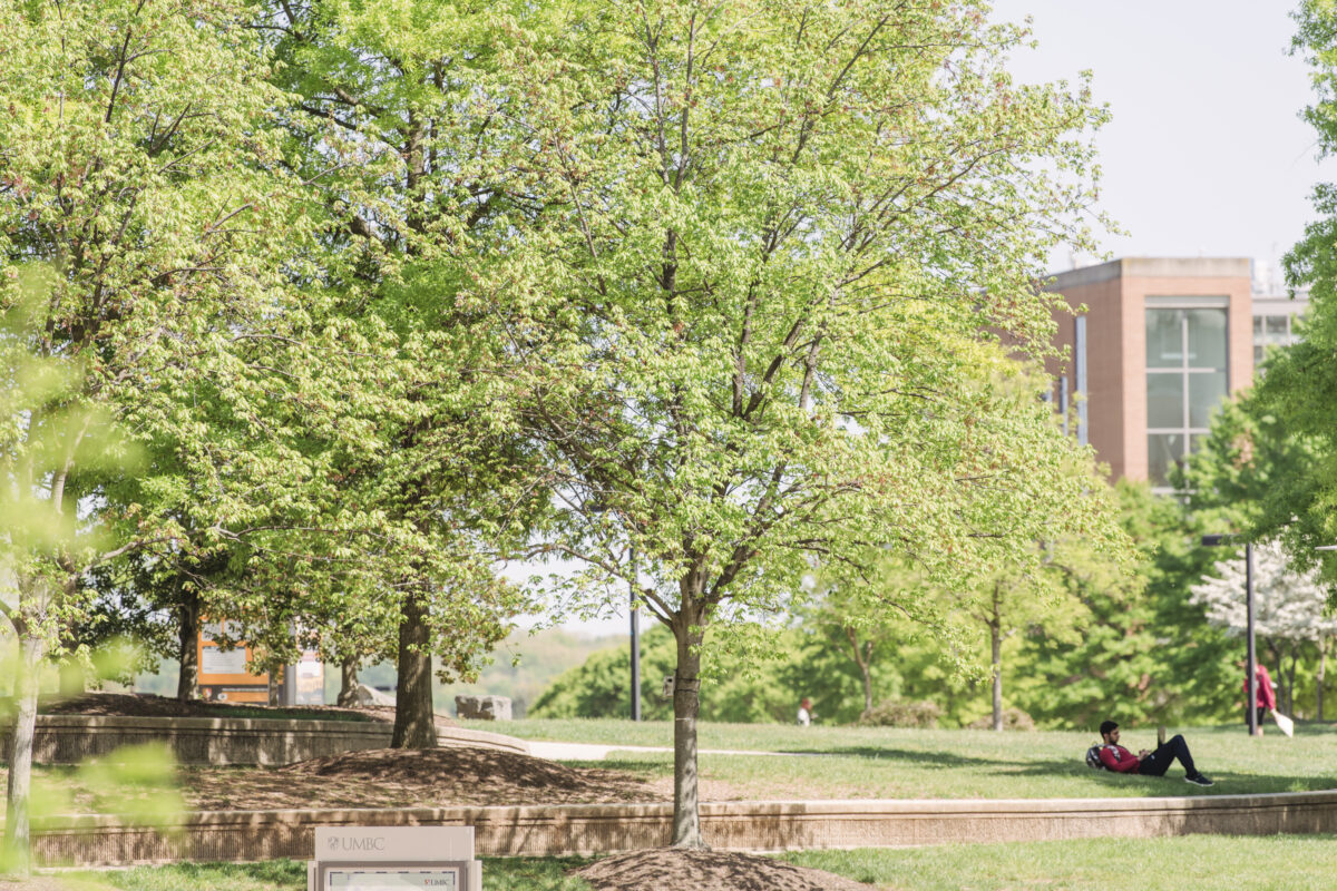 a student lounges on the lawn, surrounded by green trees -- naturally solar powered -- and terraced steps