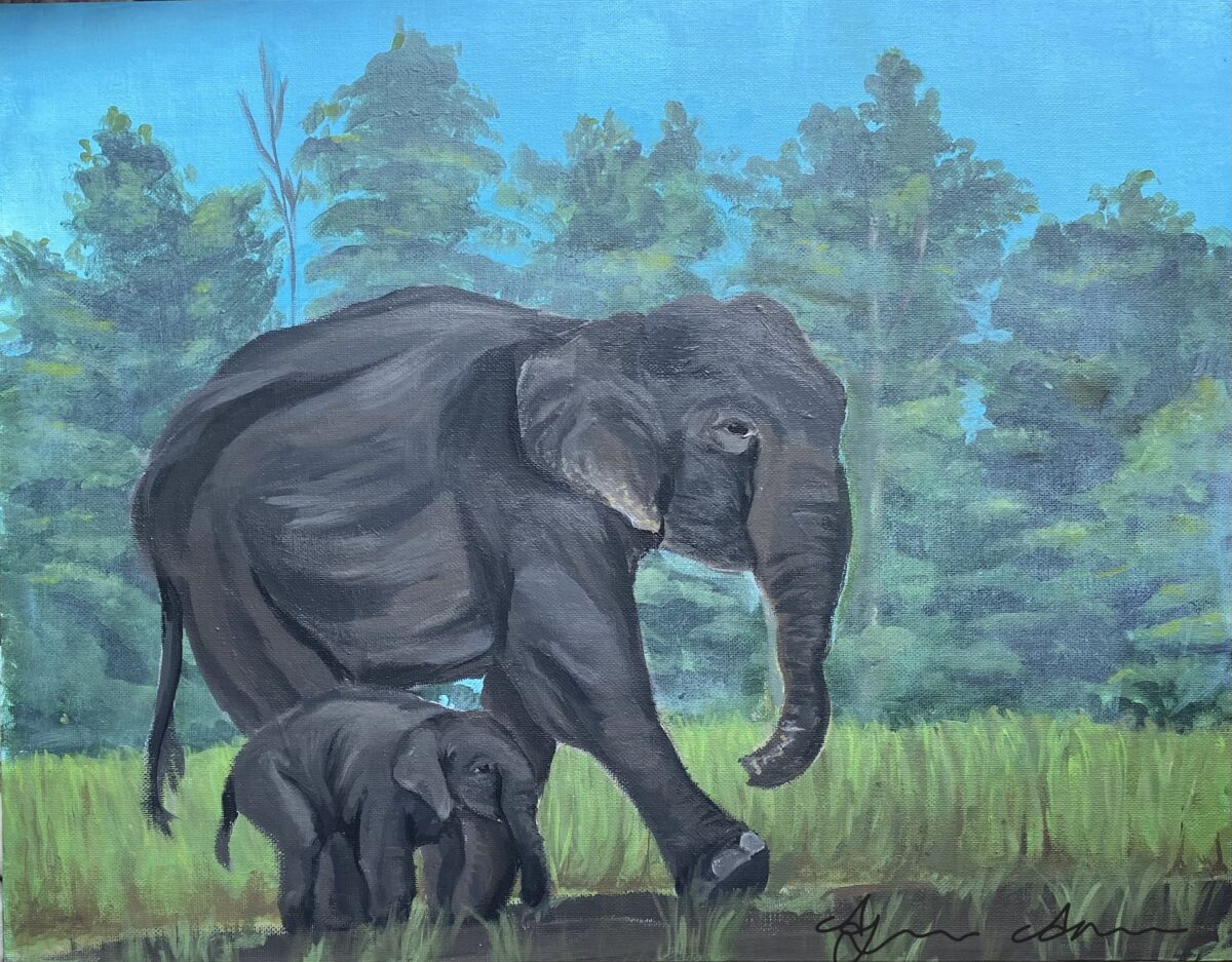 painting of mother and baby elephant walking through tall grass; trees in background