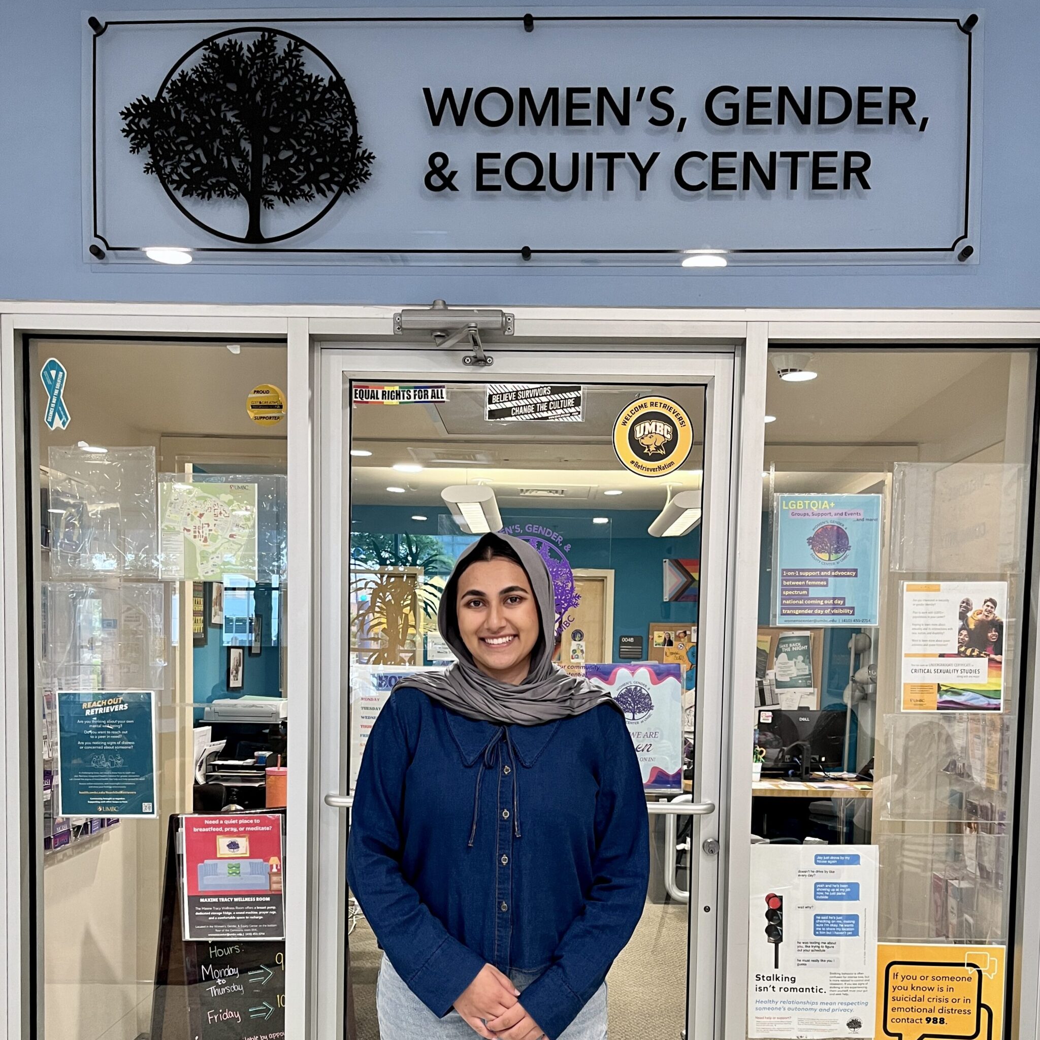 Pictured: Tanzila Malik standing in front of the Women's, Gender, & Equity Center.
