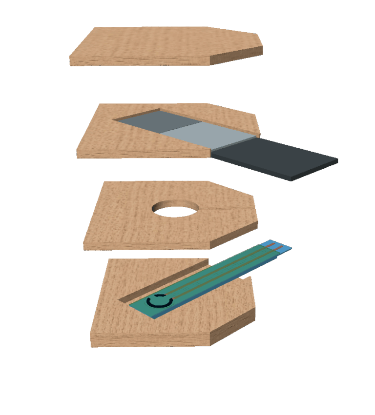 A schematic shows the layers of the wood sensor, with openings for the three electrodes and a microwell. (Image courtesy of Kadolkar)