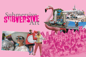 Submersive Subversive Art graphic, featuring a pink flamingo and baltimore community members
