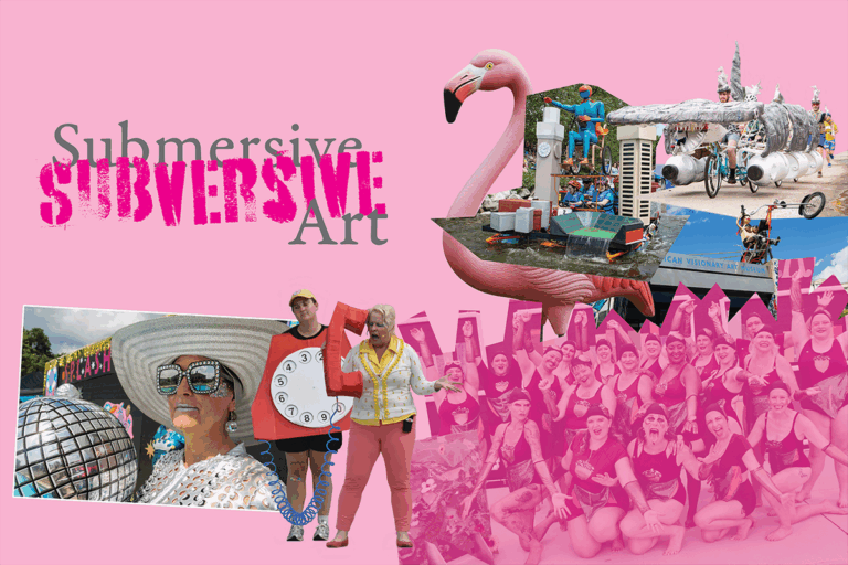 Submersive Subversive Art graphic, featuring a pink flamingo and baltimore community members