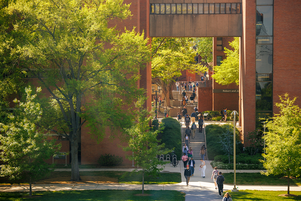 bright greenery and brick buildings with students walking between buildings