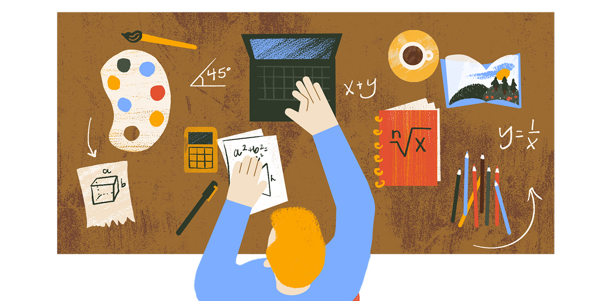 illustration of a student working on art projects and math homework