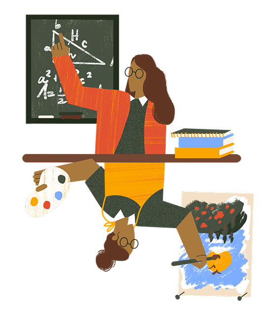 illustration of a student working on math and art projects, showing versatility