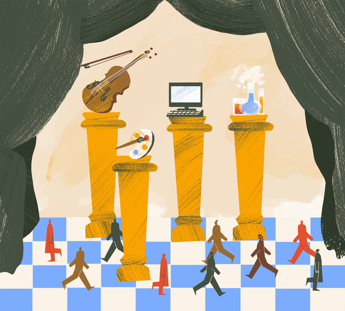 illustration of 4 large podiums with a violin, artist's paint palette, laptop, and science beakers sitting on top of each. small people are walking on the ground below.