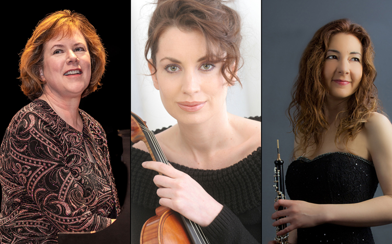 Three side-by-side photos of women, the first seated at a piano, the second holding a viola, and the third holding an oboe.