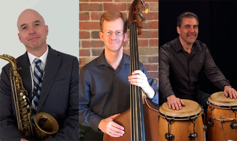 Three side-by-side photos of men posing with instruments (saxophone, double bass, and drums).