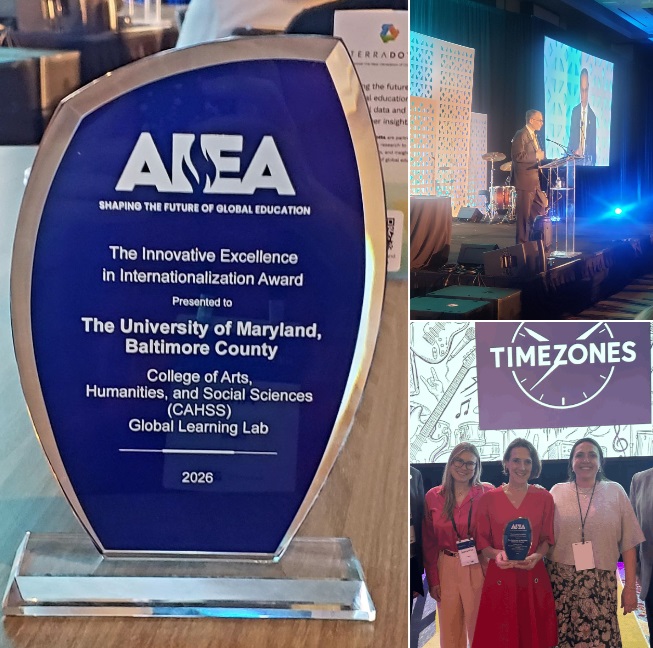 A social media image with three pictures showing a glass award, a speaker at a podium with a screen projection on the stage, and three university staff holding the award with a projection screen in the backgrounds that is a clock with the word time zones