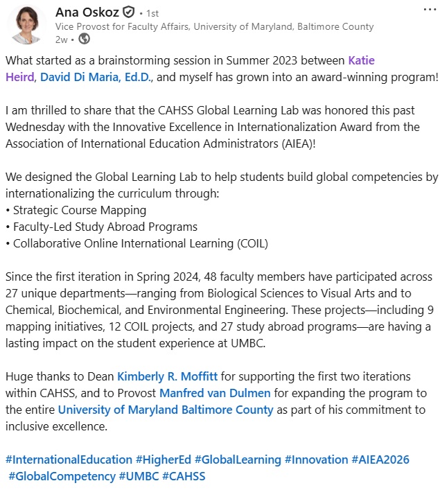 A LinkedIn post describing UMBC Global Media Learning Lab and the award the program receives