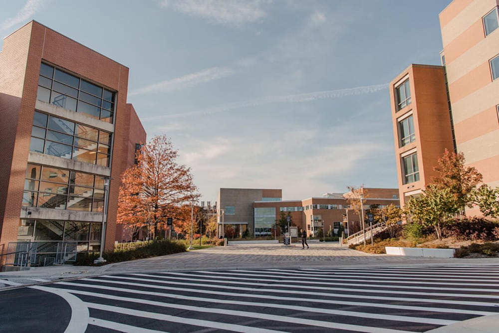 umbc's campus featuring brick buildings and striped walkways
