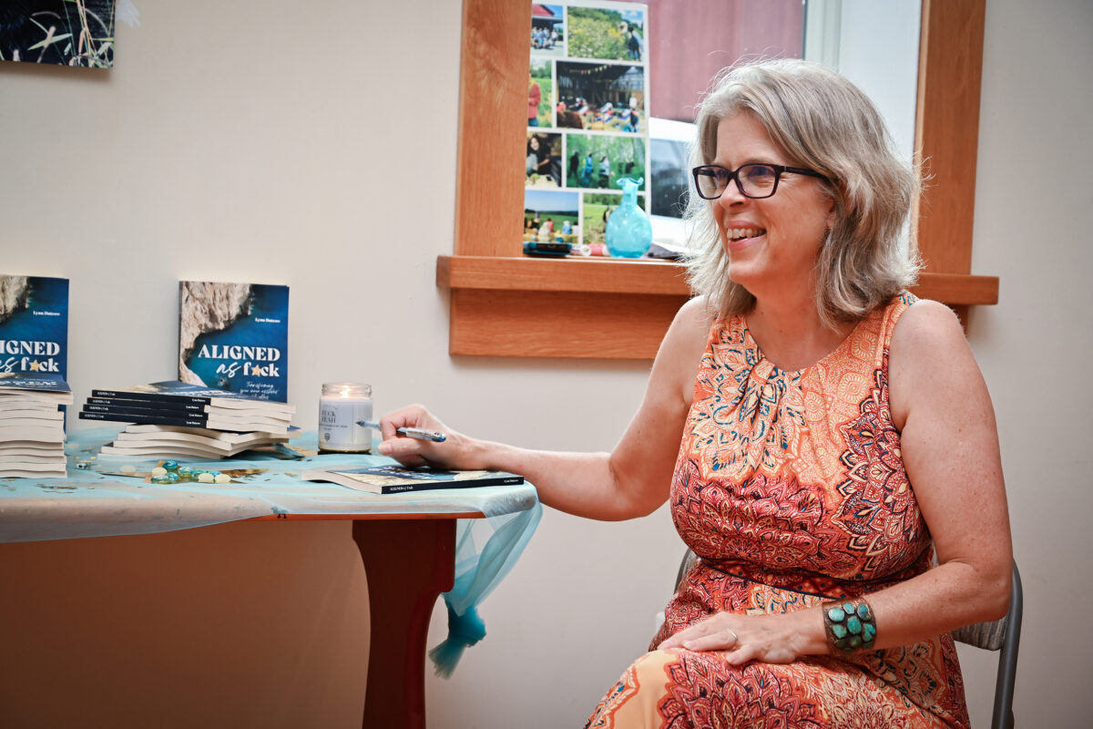 Author Lynn Dutrow at the release party for her first book, "Aligned as F*ck."