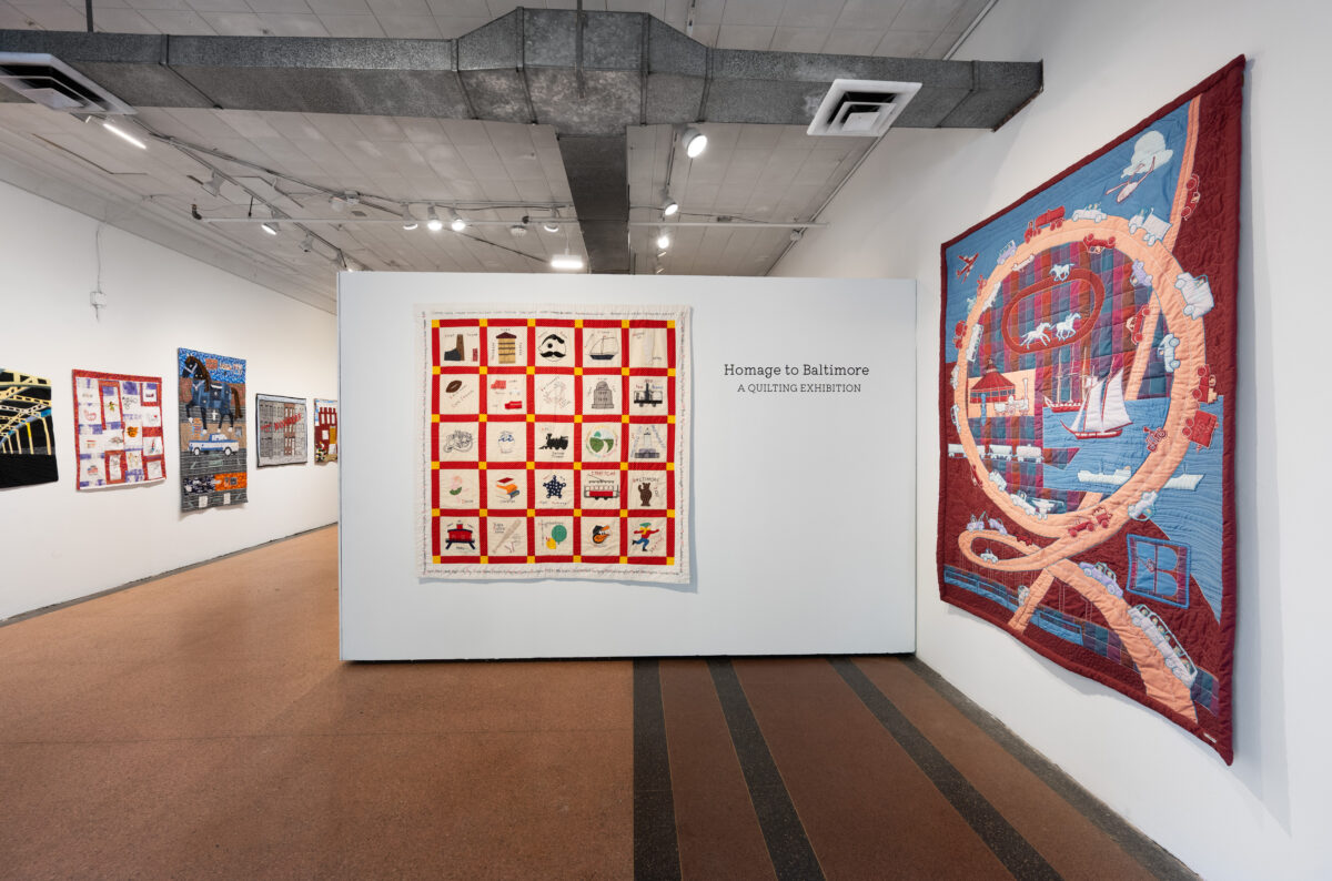 A gallery exhibit of themed quilts about Baltimore City