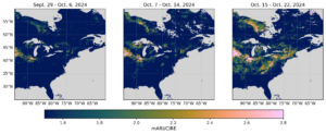 three maps of the eastern United States generated using PACE data and showing increasing presence of anthocyanins, the red in fall colors, from the first to the third weeks of October 2024