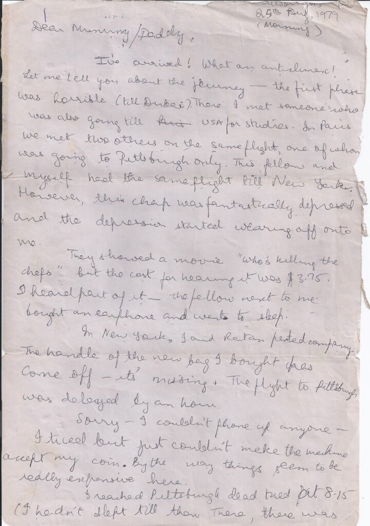 A hand-written cursive letter on wrinkled paper from 1979 that Manil Suri wrote to his dad and included in his book A Room in Bombay