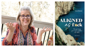 Author Lynn Dutrow on the left. Her book, "Aligned as F*ck" on the right.