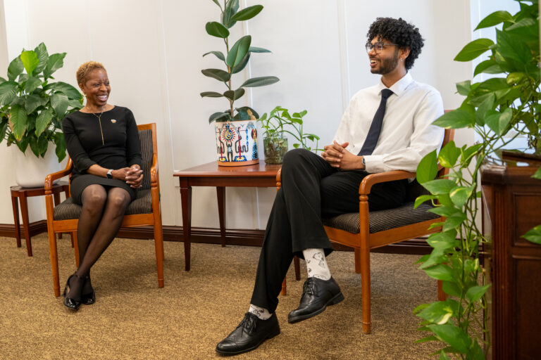 Office Hours—President Sheares Ashby talks with a graduating senior about rootedness and change