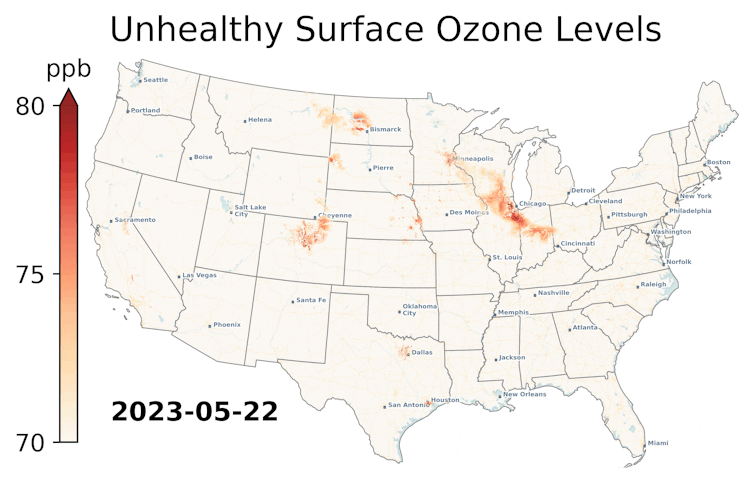 An animation shows ground level ozone during wildfire smoke incursions from Canada.