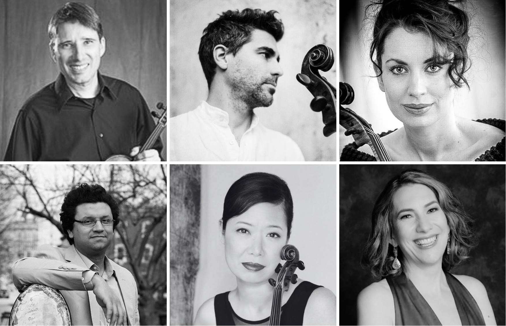 Headshots of six musicians, each posing with a string instrument.