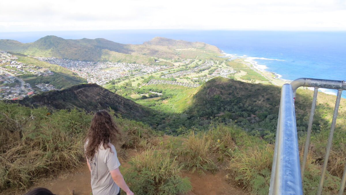 Noah Reichardt looks out at a valley with many buildings and green vegetation and a bright blue ocean to the right