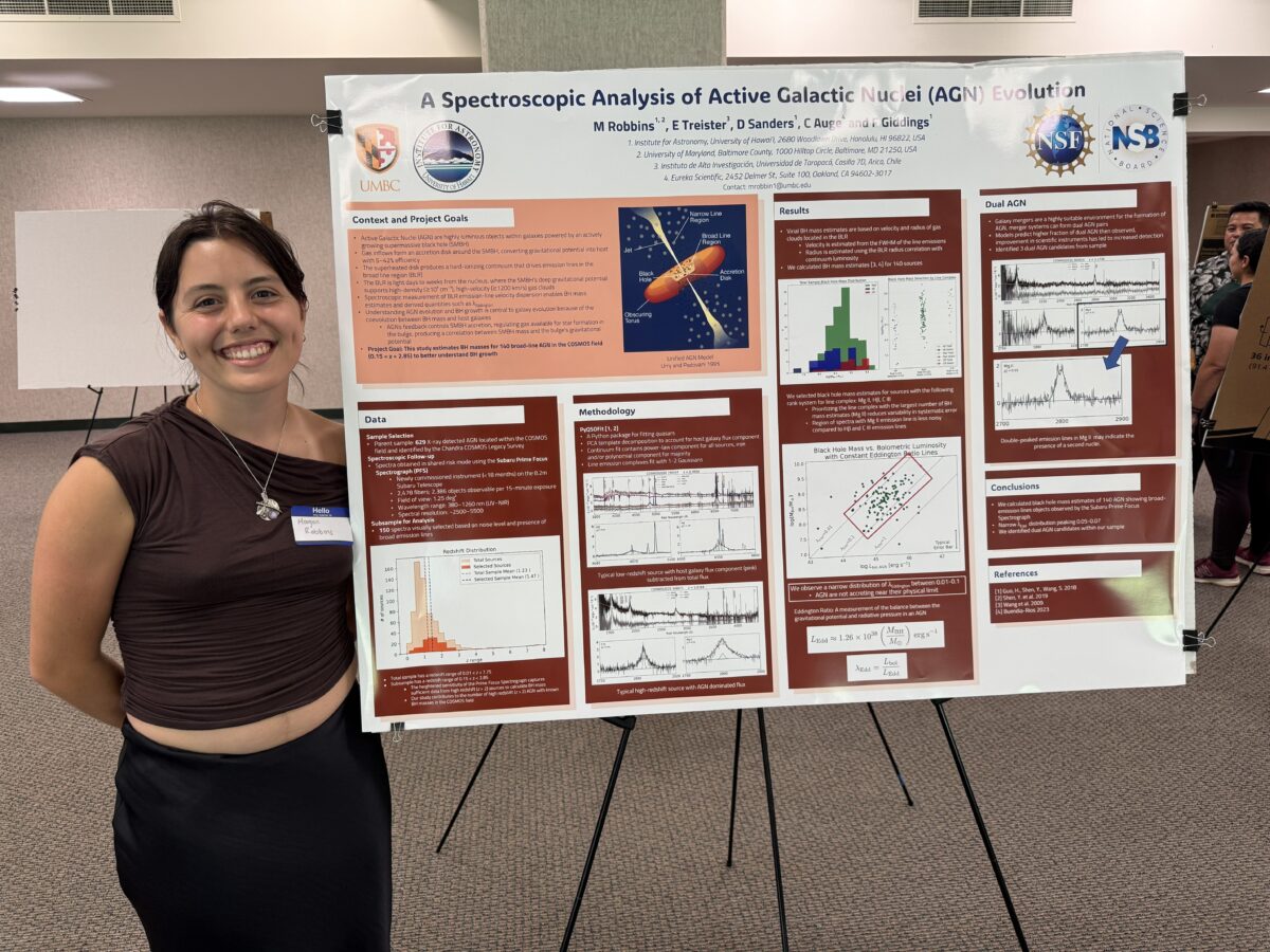 Morgan Robbins stands next to a research poster titled, "A spectroscopic analysis of active galactic nuclei (AGN) evolution"